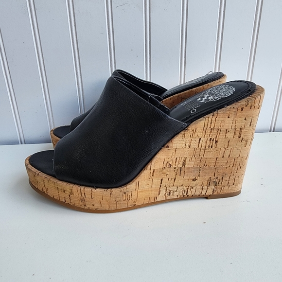 Vince Camuto Chaisen Platform Cork Wedges Black Leather Women's Sandals Sz 7M - Picture 6 of 12